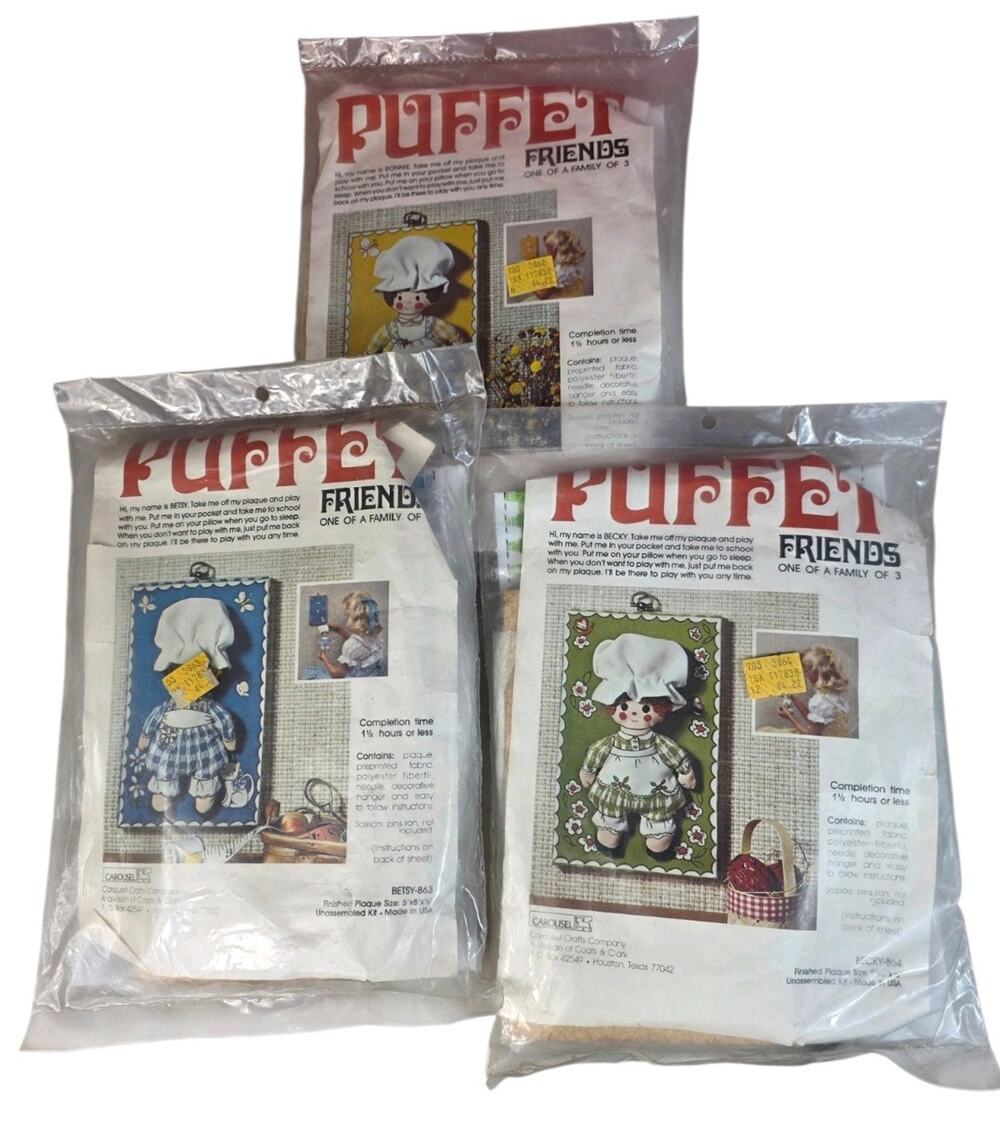 Puffet Friends Kit lot of 3 Plaque and Stuffed Doll Stitchery Craft Kit